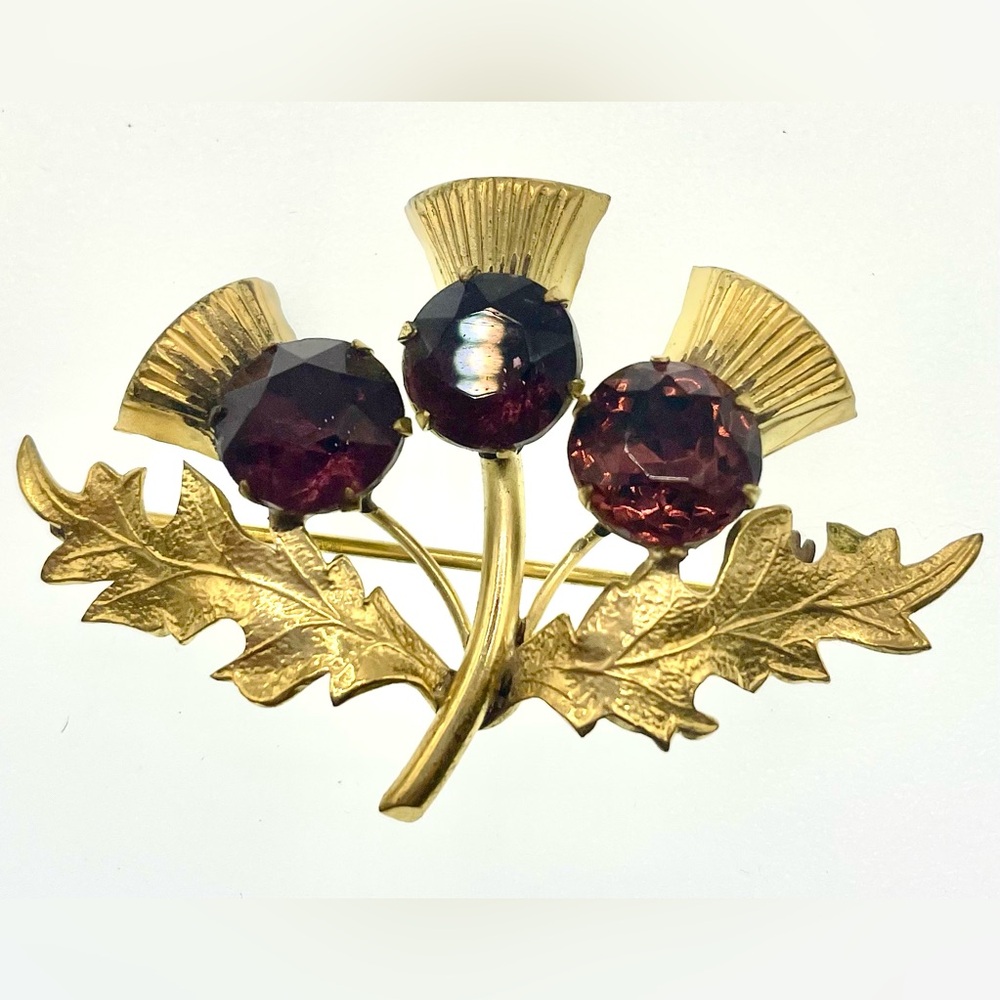 Vintage 1950s Gold Tone Thistle Brooch Pin Amethyst Colored Faceted Crystals